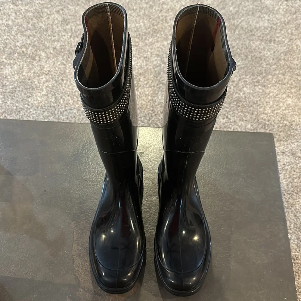 Burberry Black Patent Knee-High Rain Boots with Studded Strap Detail